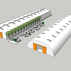 os 2 tipos de Galpão Express lado a lado, ambos são feitos de aço galvanizado e é modular e expansível, desmontável e reutilizável