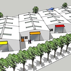 um conceito de desenho para um parque industrial, com 5 hangares unidades de negócios em um terreno 50x100