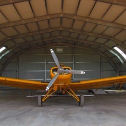 A frontal view of the agricultural plane inside its new home.