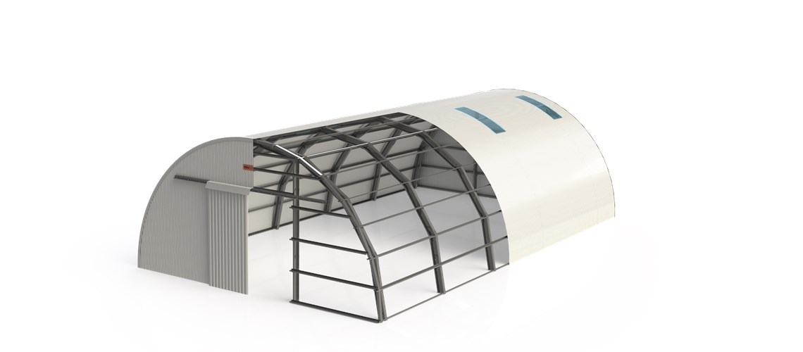 vista externa e interna de um pavilhão industrial de aço galvanizado